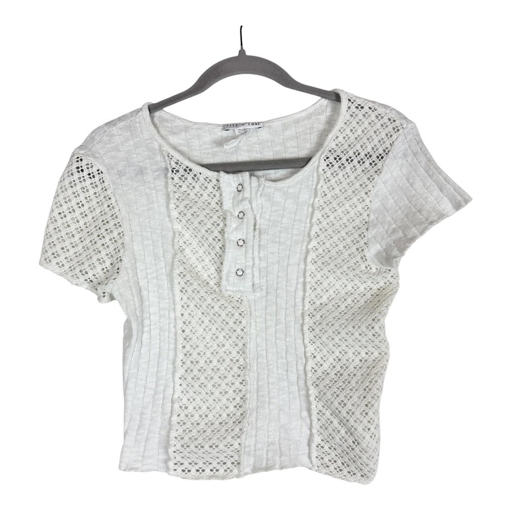 Fitz + Eddi Shirt Womens‎ Small White Crochet Henley Scoop Neck Cropped Knit